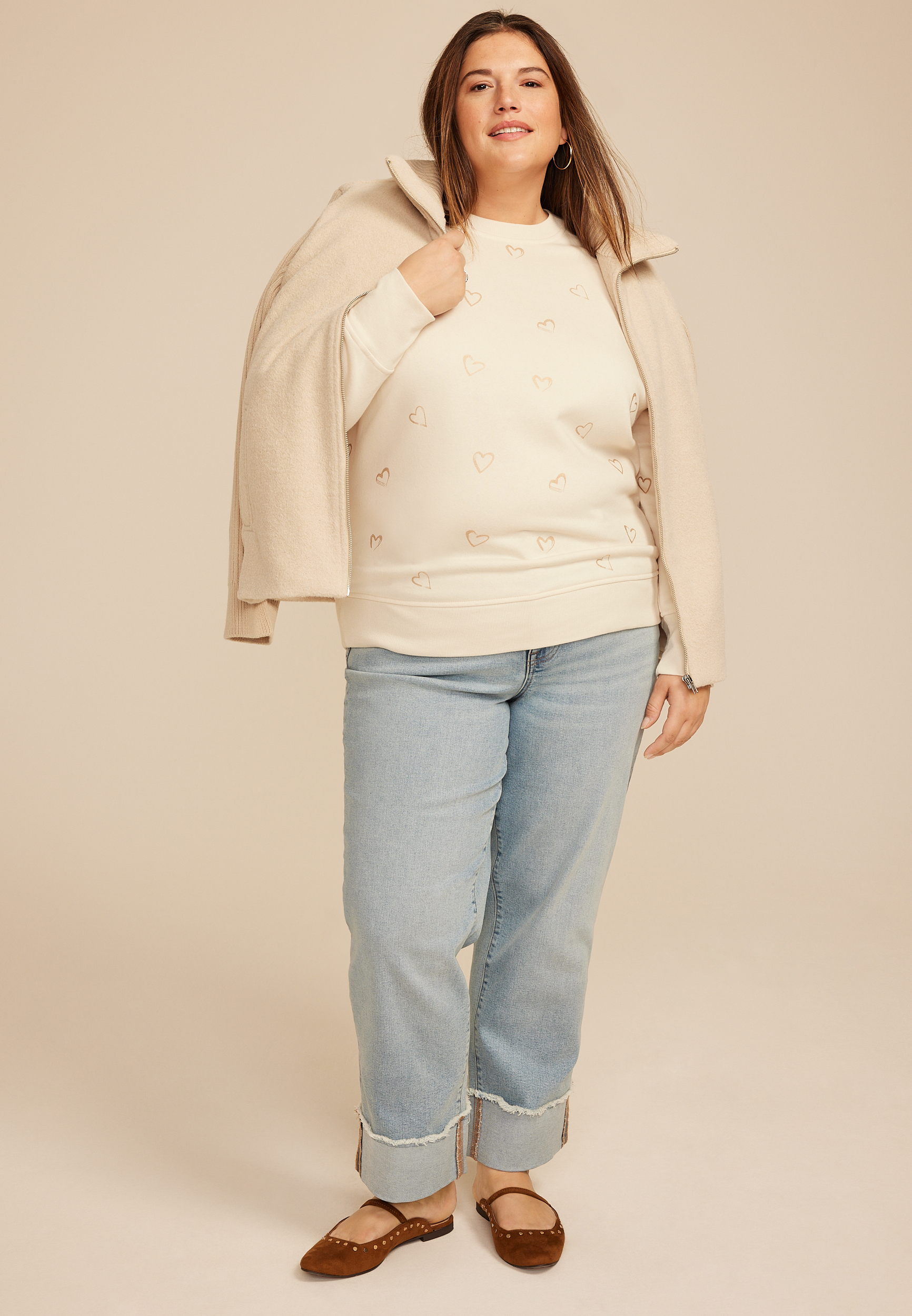 Plus Size Gold Foil Hearts Crew Neck Sweatshirt, WHITE, large