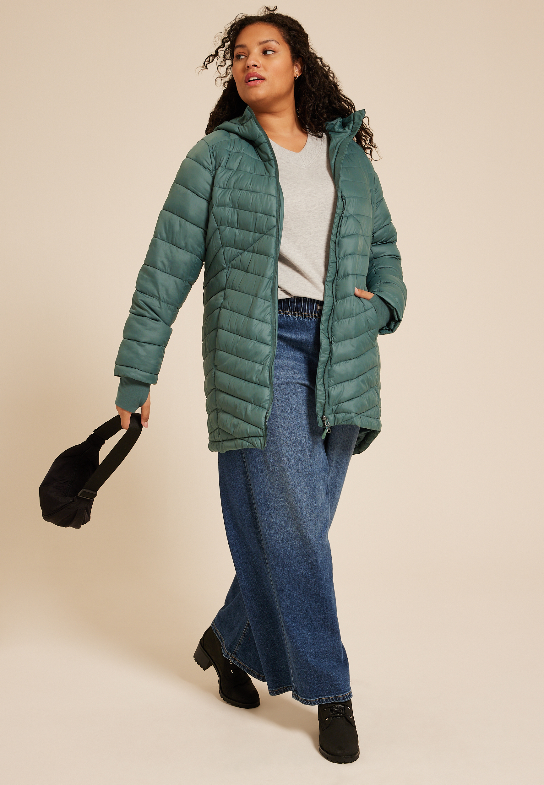 Plus Size Hooded Long Puffer Jacket, C974, large