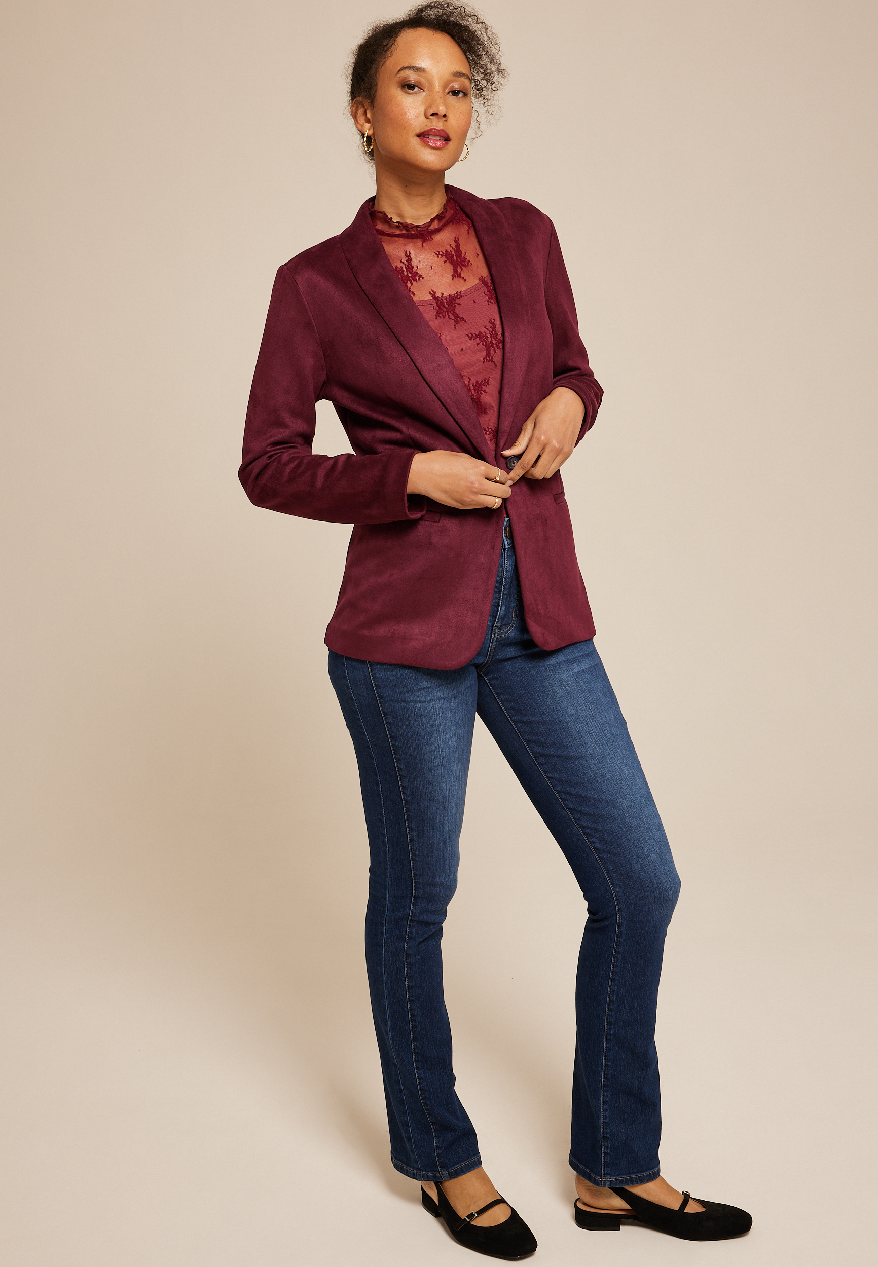 Faux Suede Single Button Blazer, TAWNY PORT, large