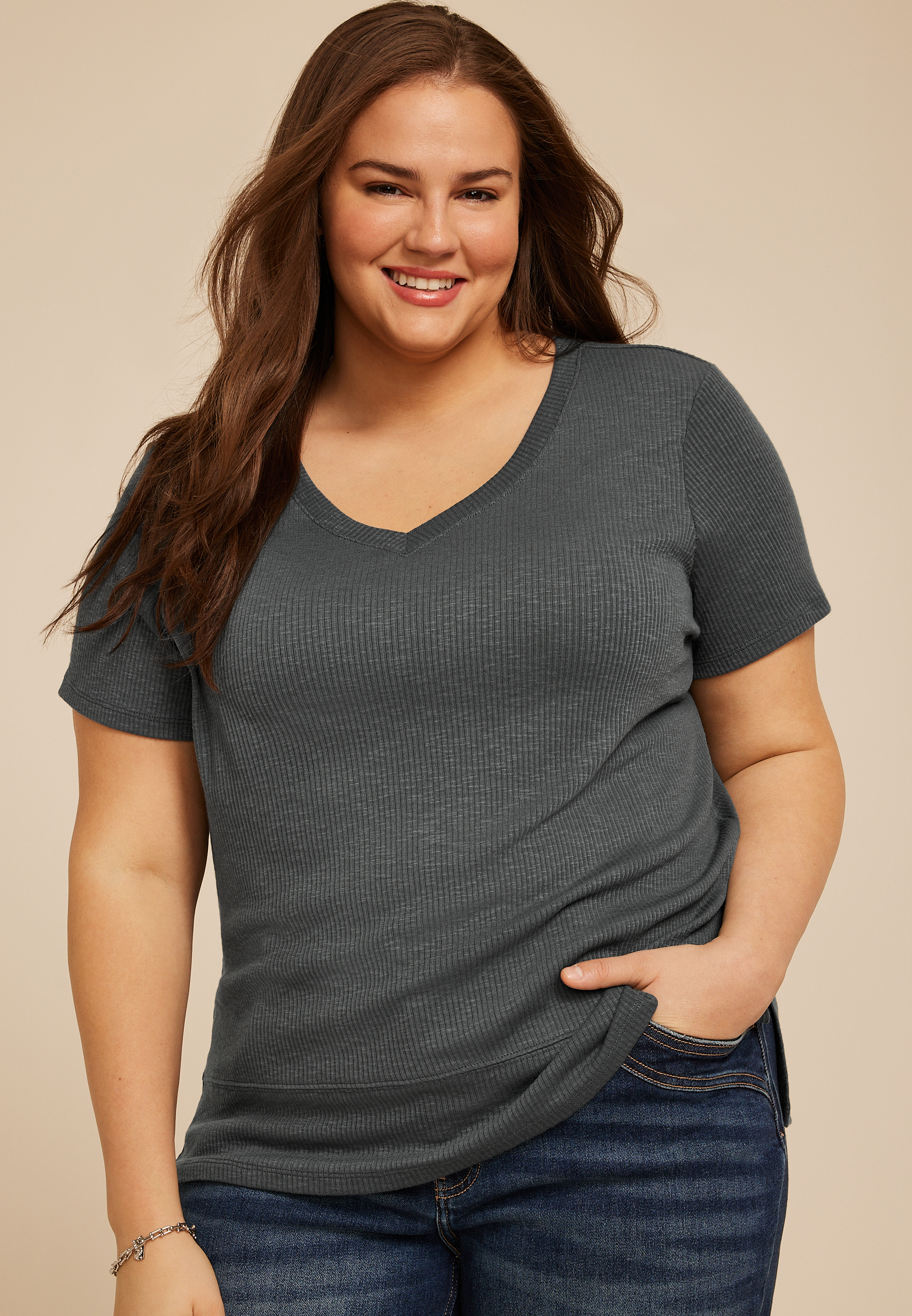 Plus Size 24/7 V Neck Step Hem Tee