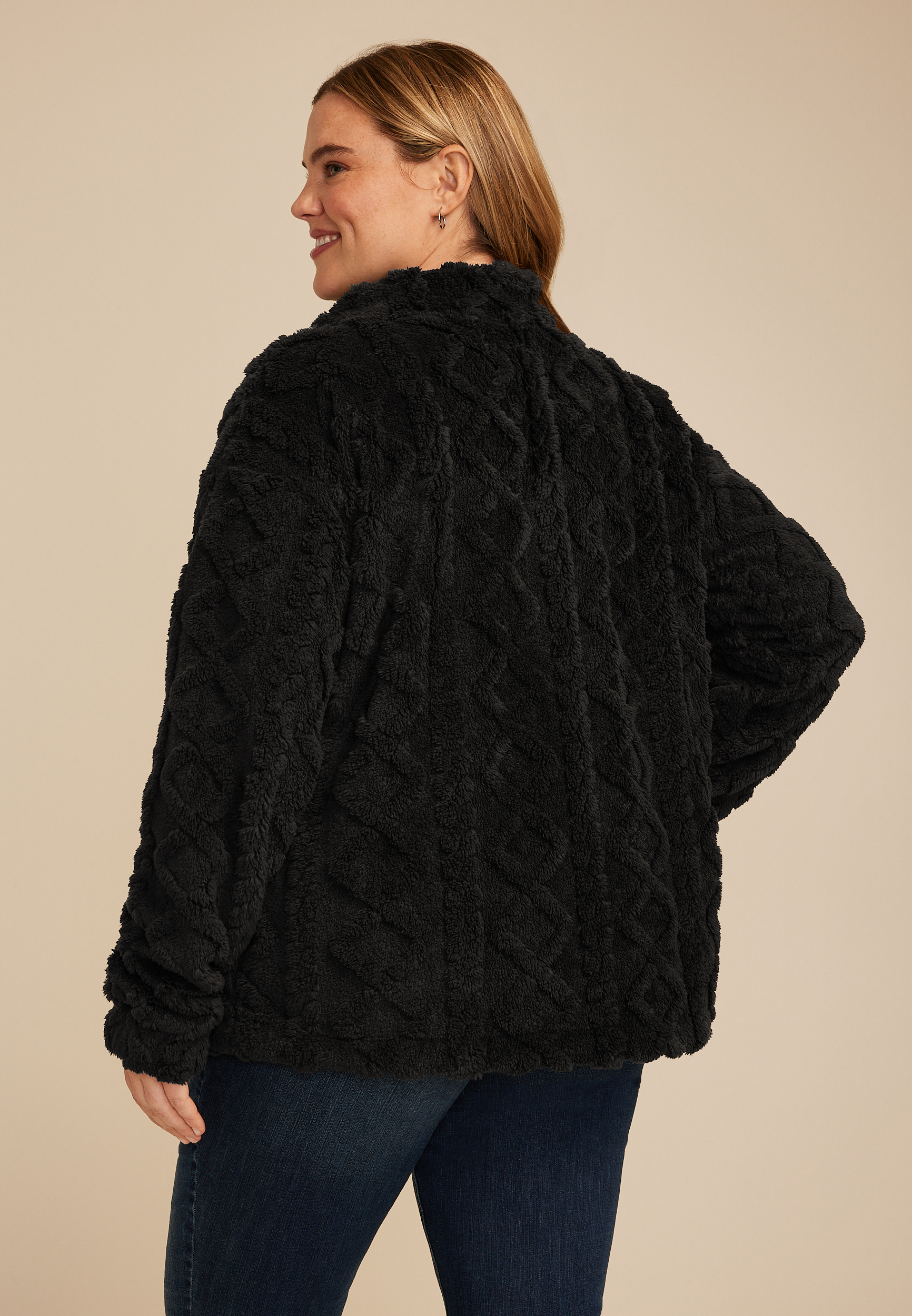 Plus Size Studio Y Cabled Texture Sherpa Jacket, , large