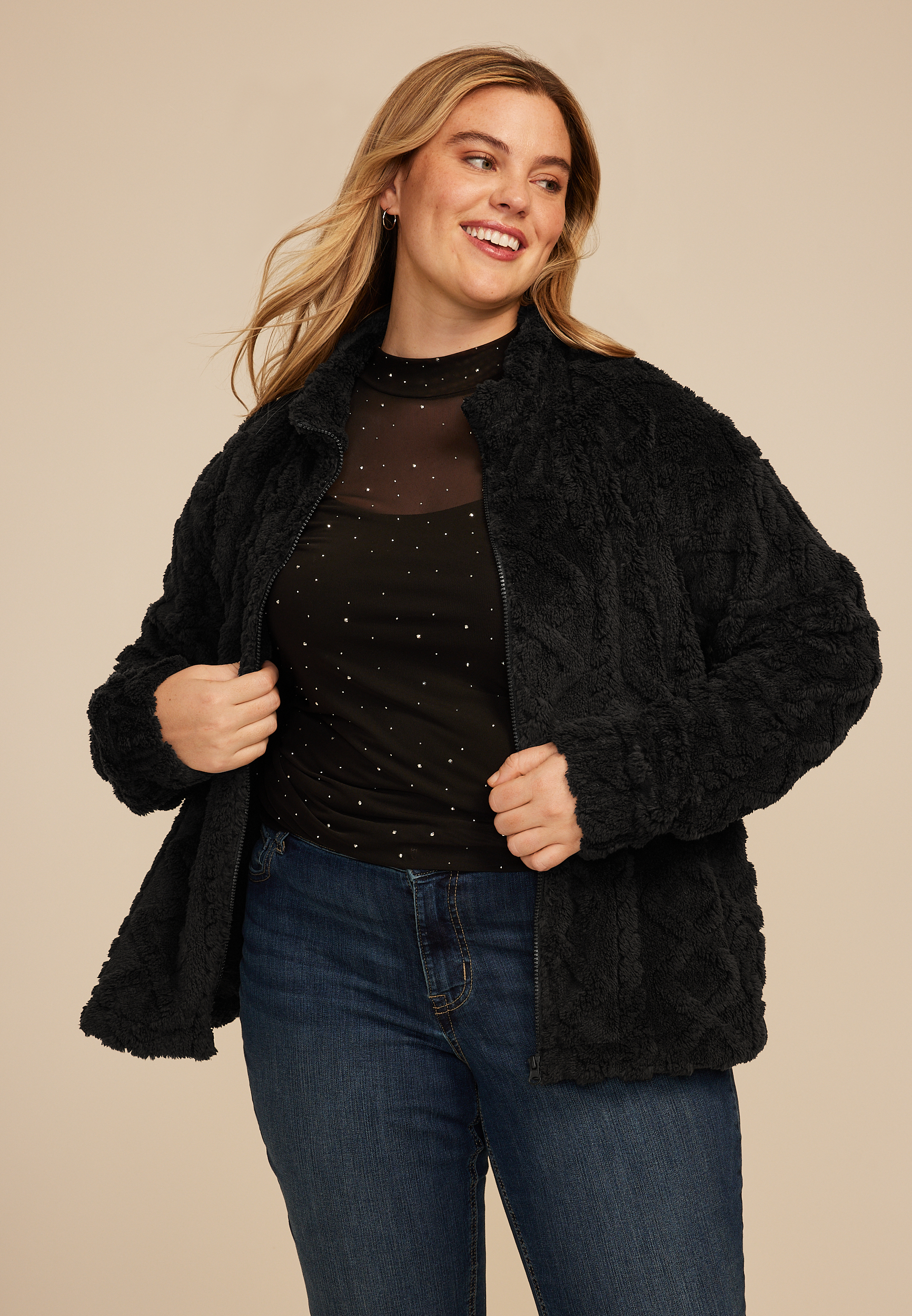 Plus Size Studio Y Cabled Texture Sherpa Jacket, , large