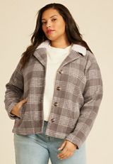 Plus Size Plaid Sherpa Collar Jacket, , small