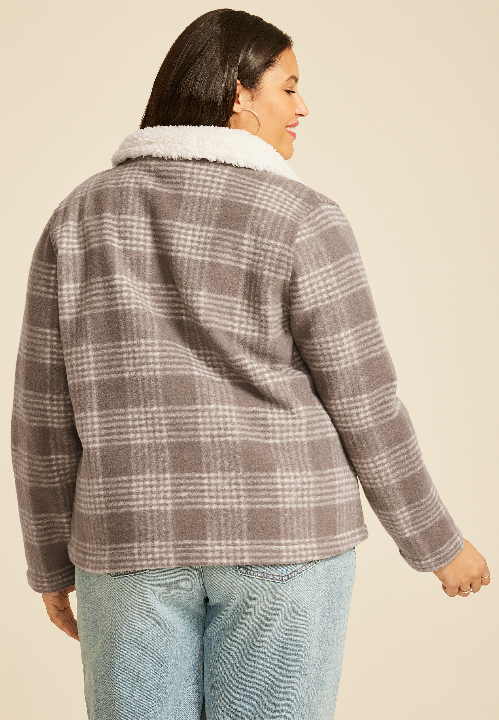 Plus Size Plaid Sherpa Collar Jacket, , large
