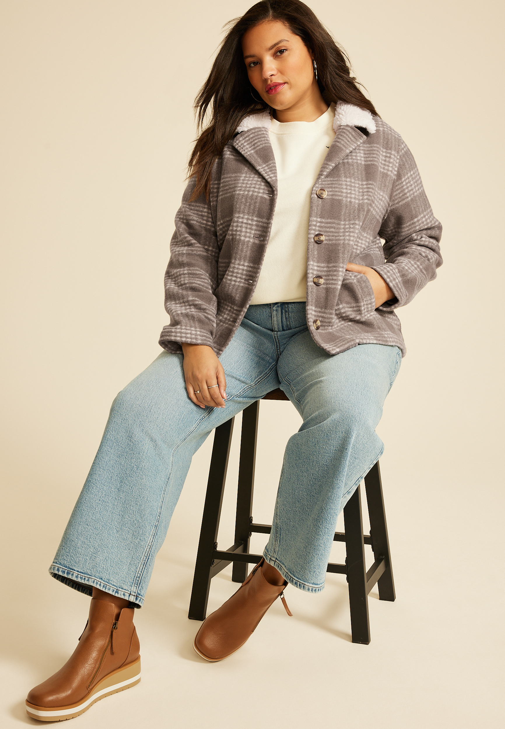 Plus Size Plaid Sherpa Collar Jacket, , large