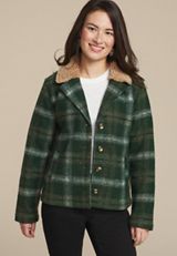 Green Plaid Sherpa Collar Jacket, , small