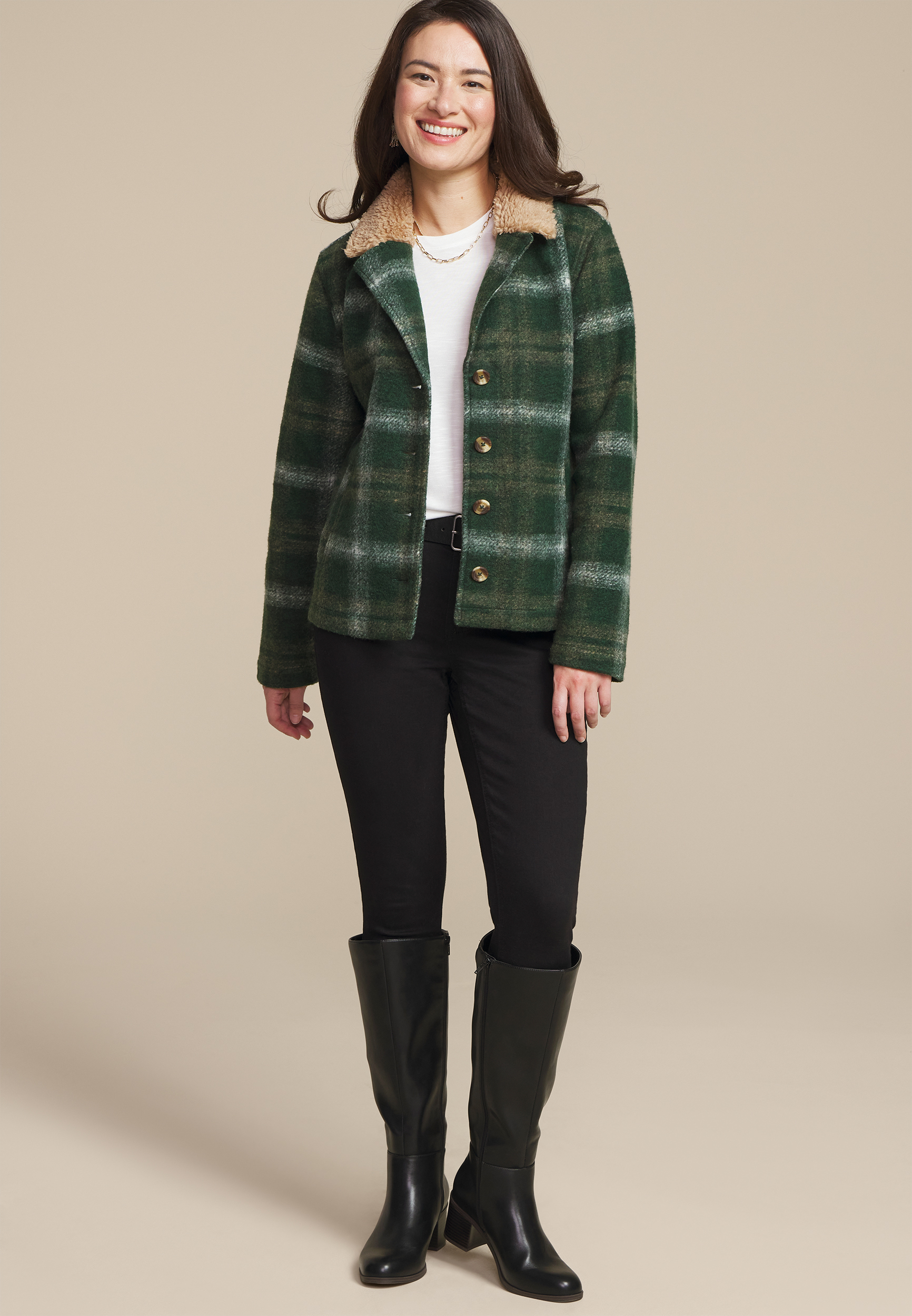 Green Plaid Sherpa Collar Jacket, , large