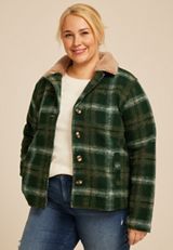 Plus Size Green Plaid Sherpa Collar Jacket, , small