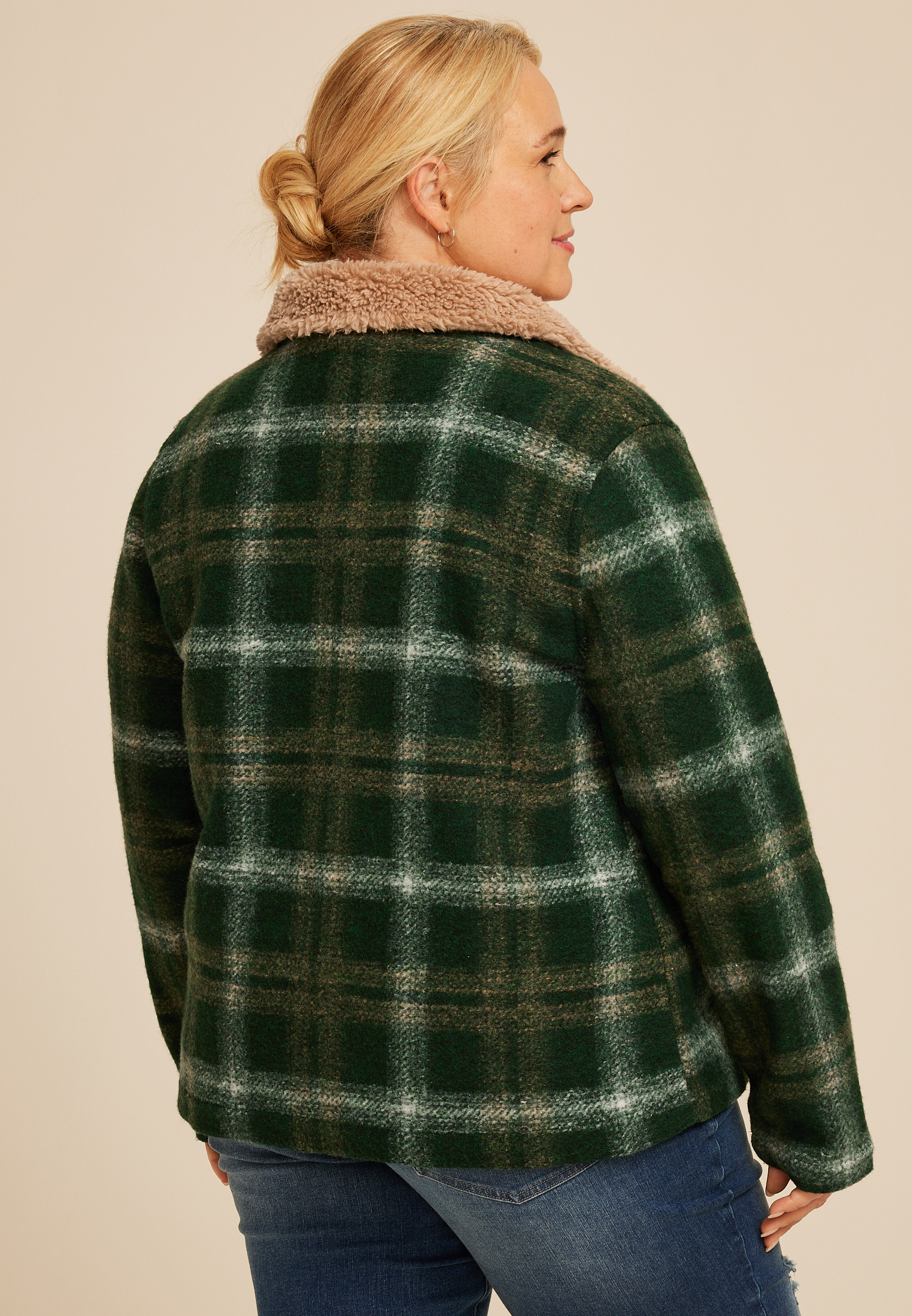 Plus Size Green Plaid Sherpa Collar Jacket, , large
