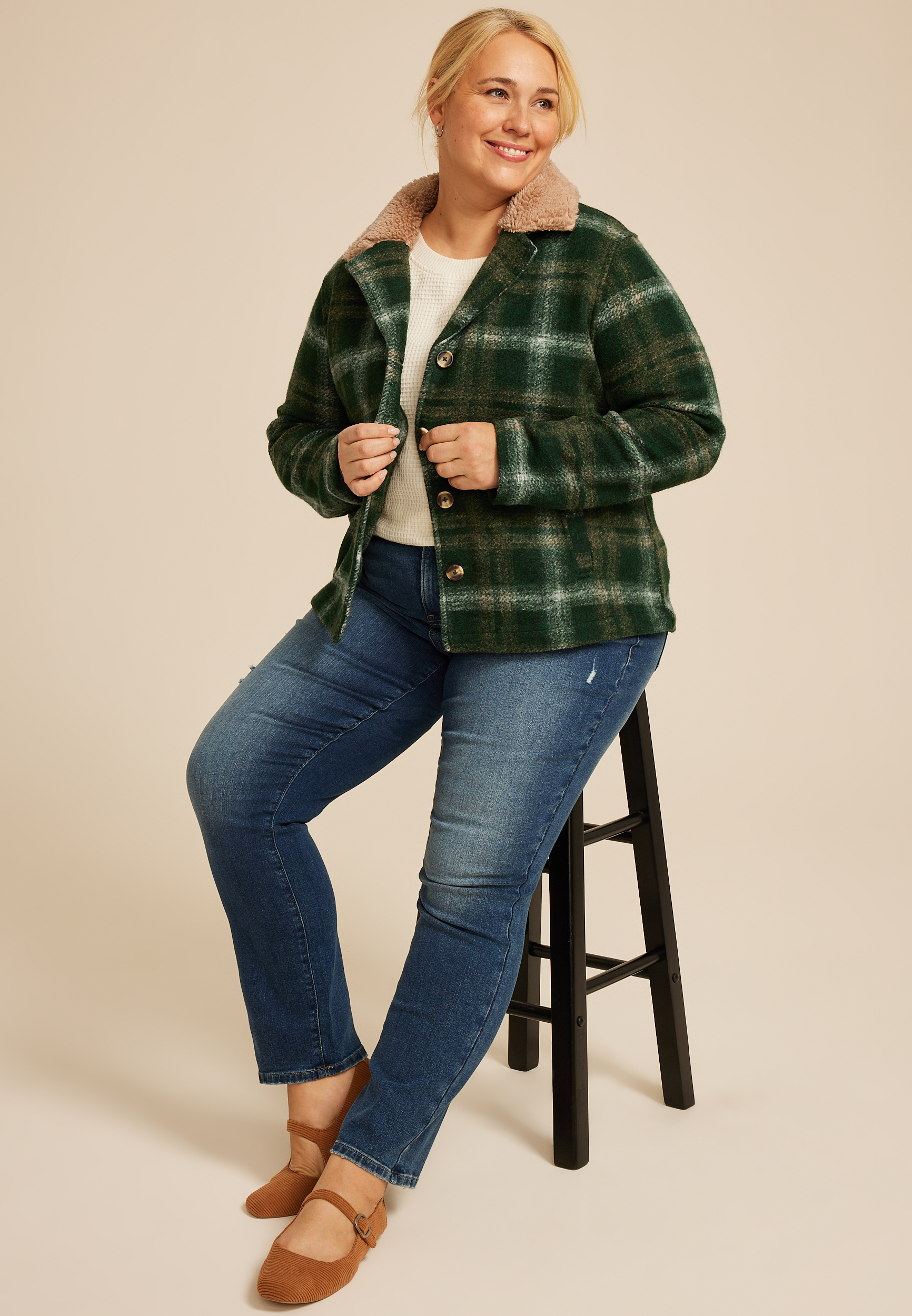 Plus Size Green Plaid Sherpa Collar Jacket, , large