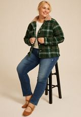 Plus Size Green Plaid Sherpa Collar Jacket, , small