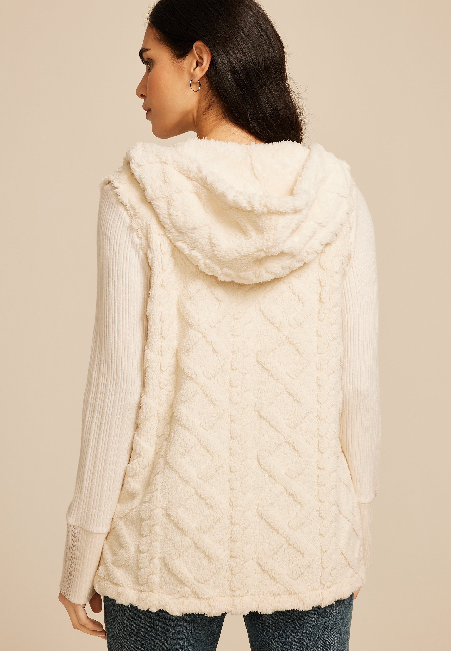 Cozy Hooded Cable Sherpa Vest, ECRU, large