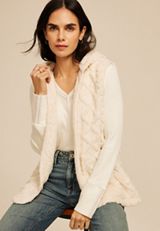 Cozy Hooded Cable Sherpa Vest, ECRU, small