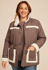 Plus Size Sherpa Trim Puffer Jacket, , small
