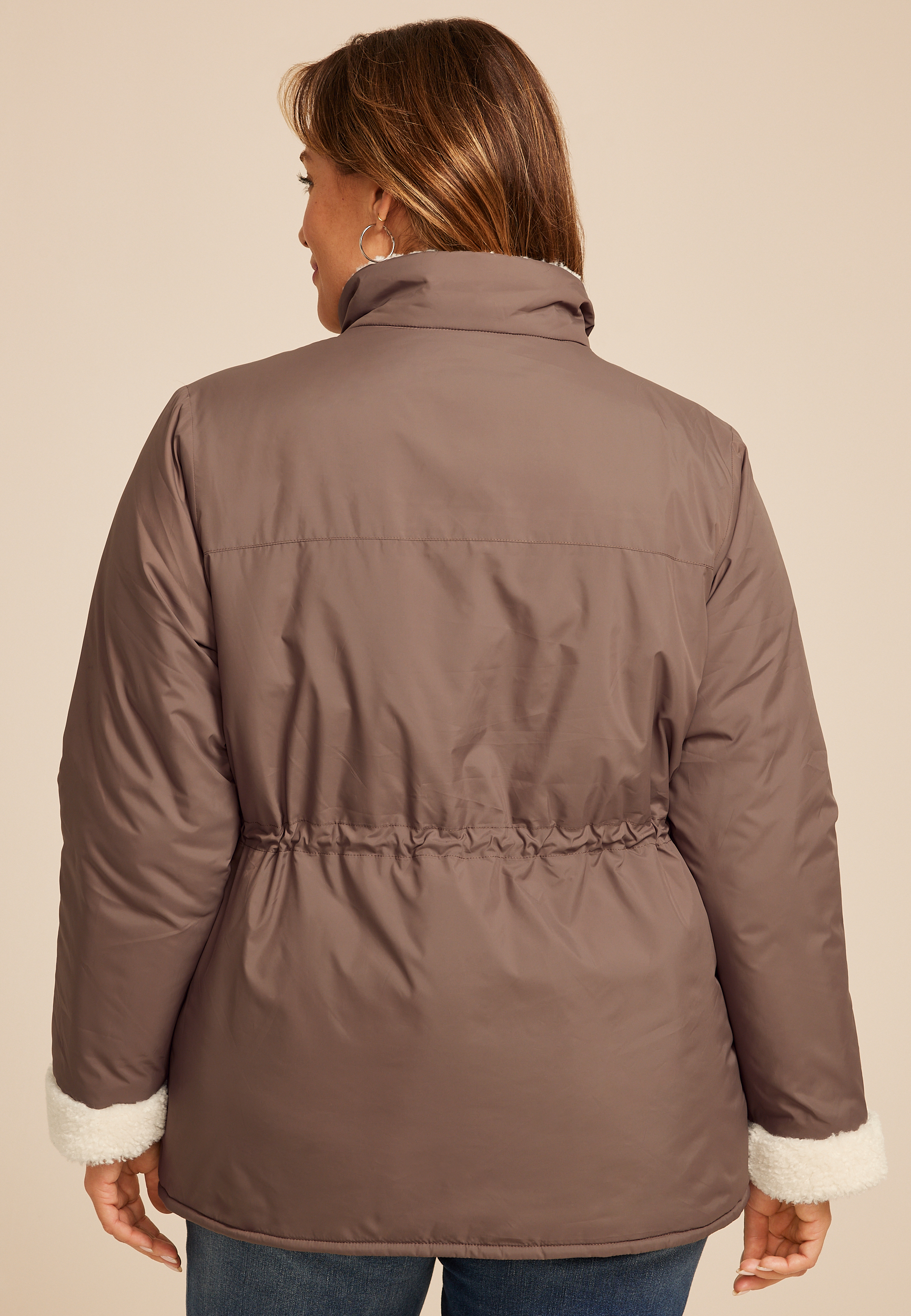 Plus Size Sherpa Trim Puffer Jacket, , large