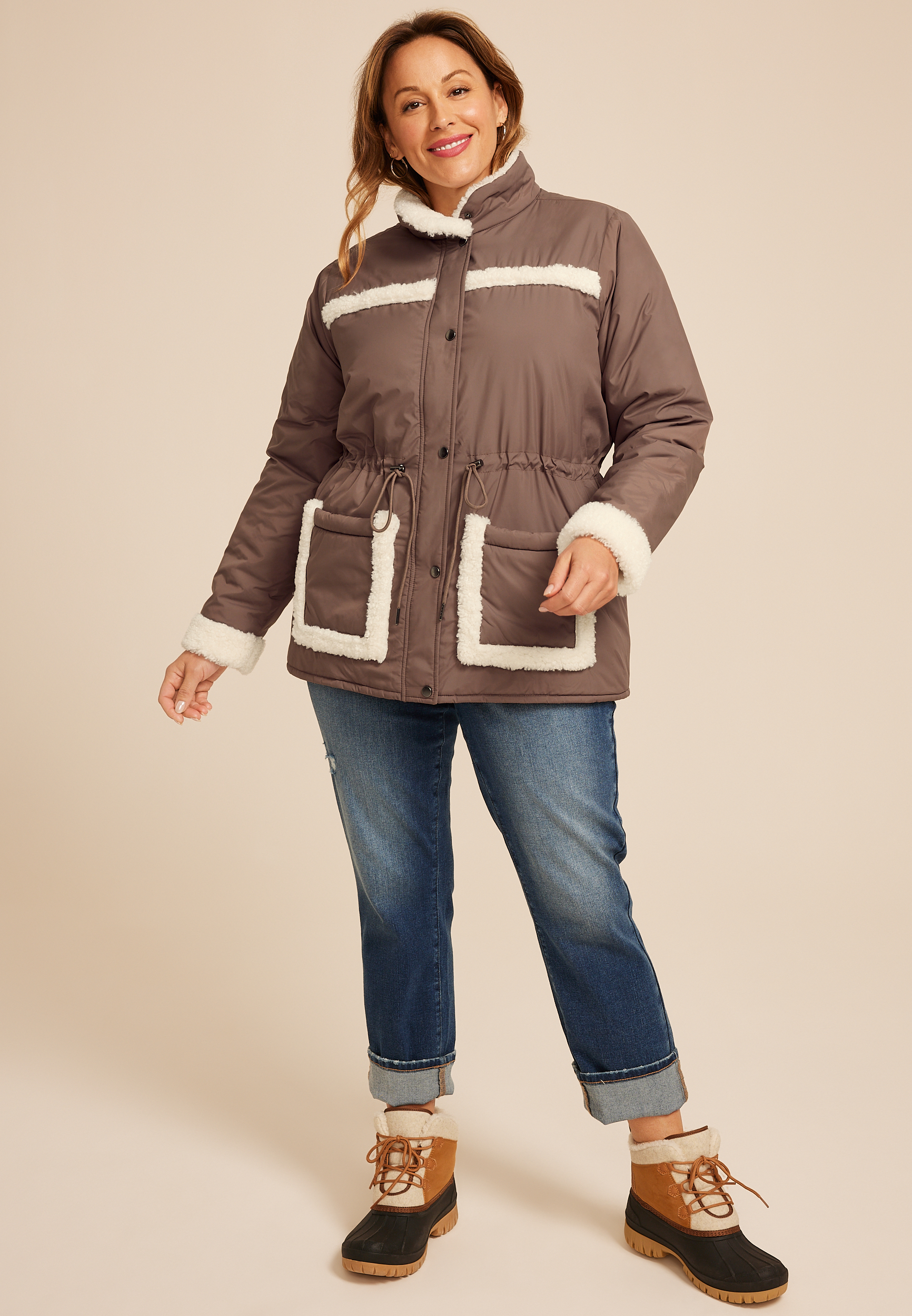 Plus Size Sherpa Trim Puffer Jacket, , large