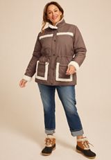 Plus Size Sherpa Trim Puffer Jacket, , small