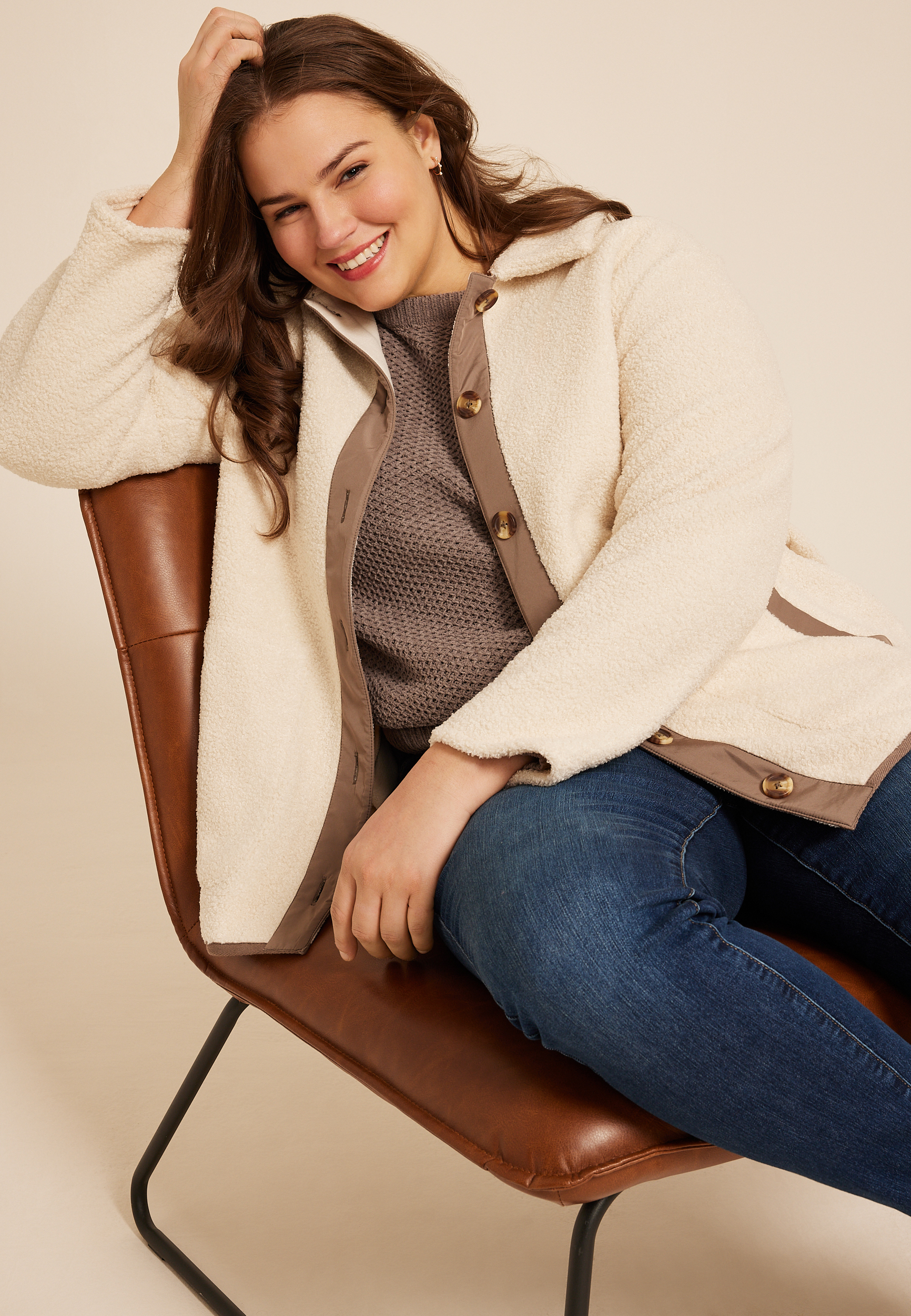 Plus Size Curly Sherpa Button Jacket, , large