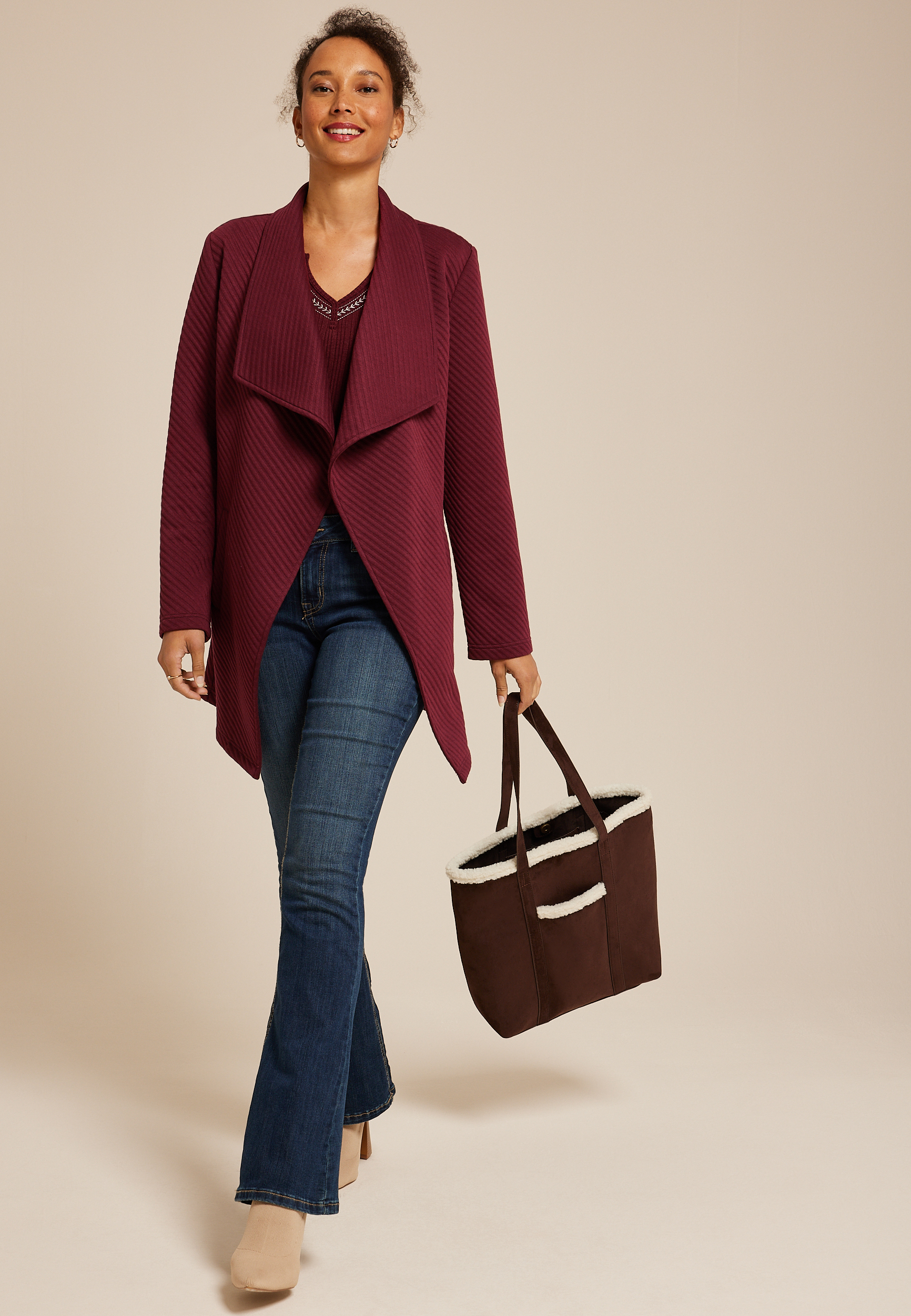 Ribbed Waterfall Cardigan, TAWNY PORT, large