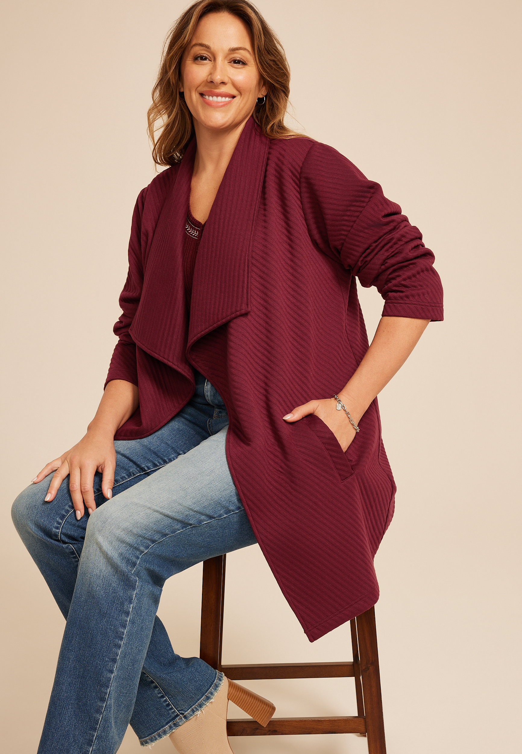 Plus Size Ribbed Waterfall Cardigan, C5212, large