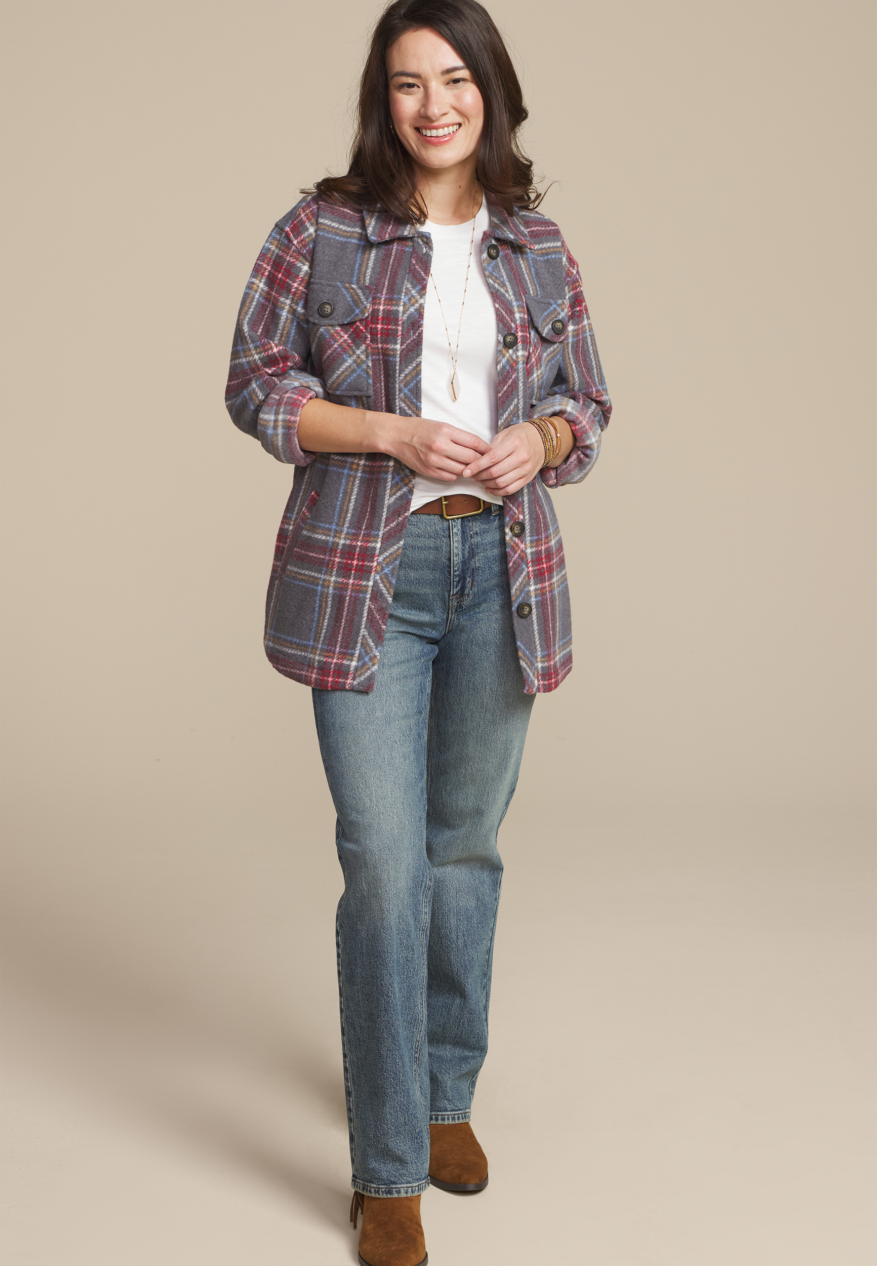 Plaid Shacket, GRAY COMBO, large
