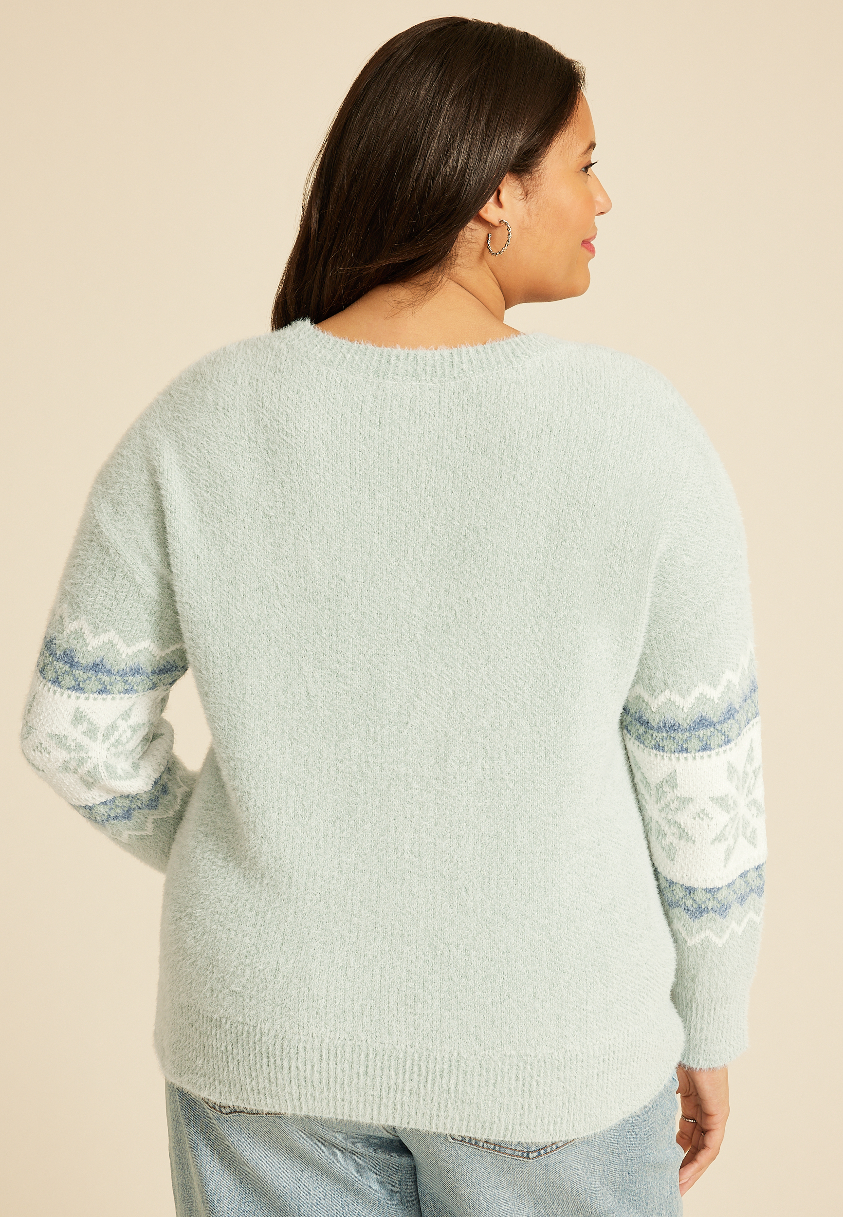 Plus Size Green Fair Isle Snowflake Sweater, , large