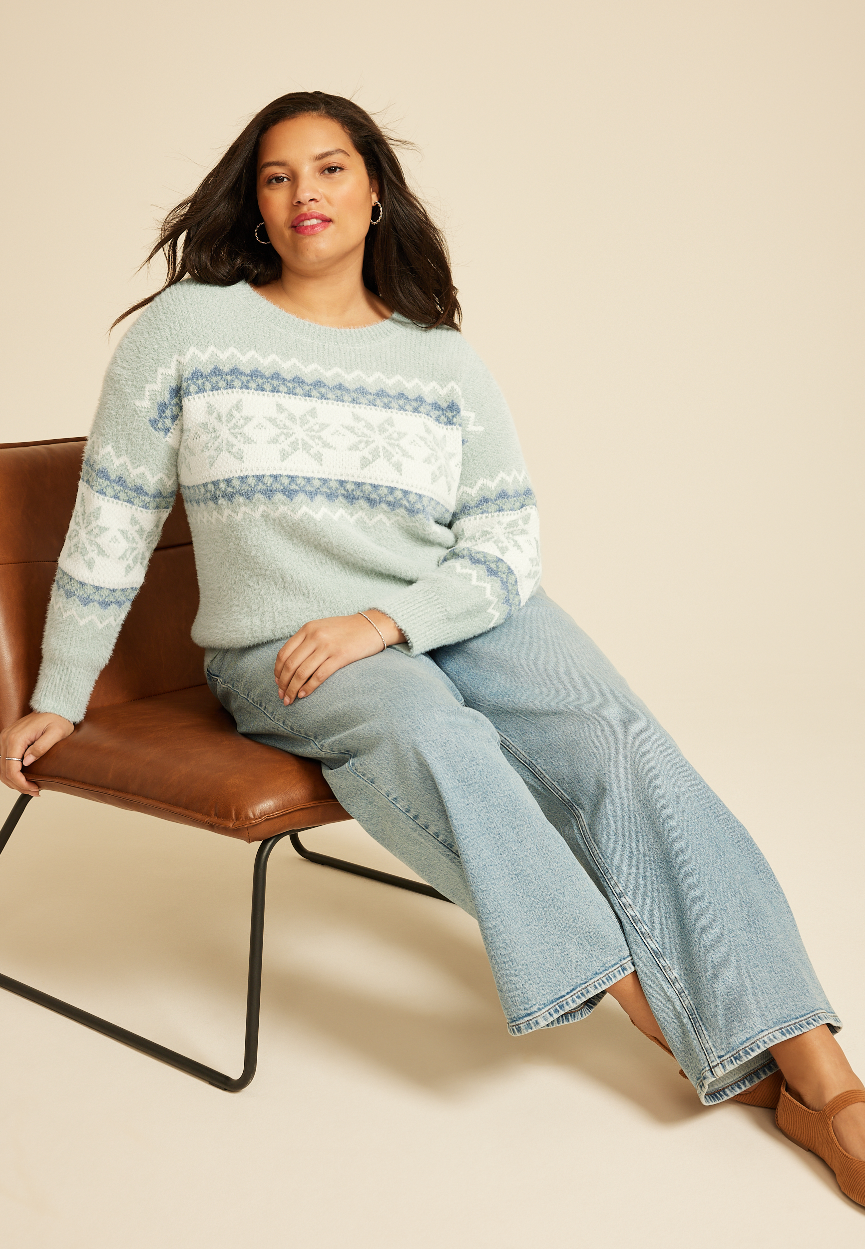Plus Size Green Fair Isle Snowflake Sweater, , large