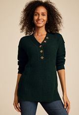 Oversized Waffle Henley Sweater, C1037, small
