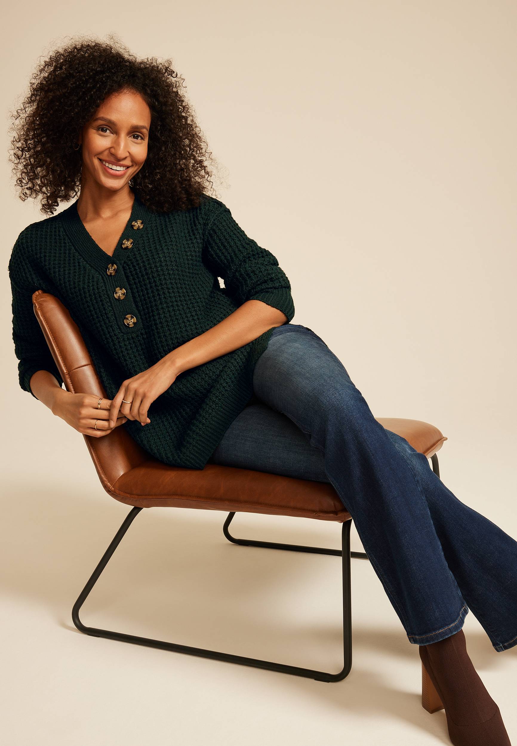 Oversized Waffle Henley Sweater, C1037, large
