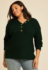 Plus Size Oversized Waffle Henley Sweater, C1037, small