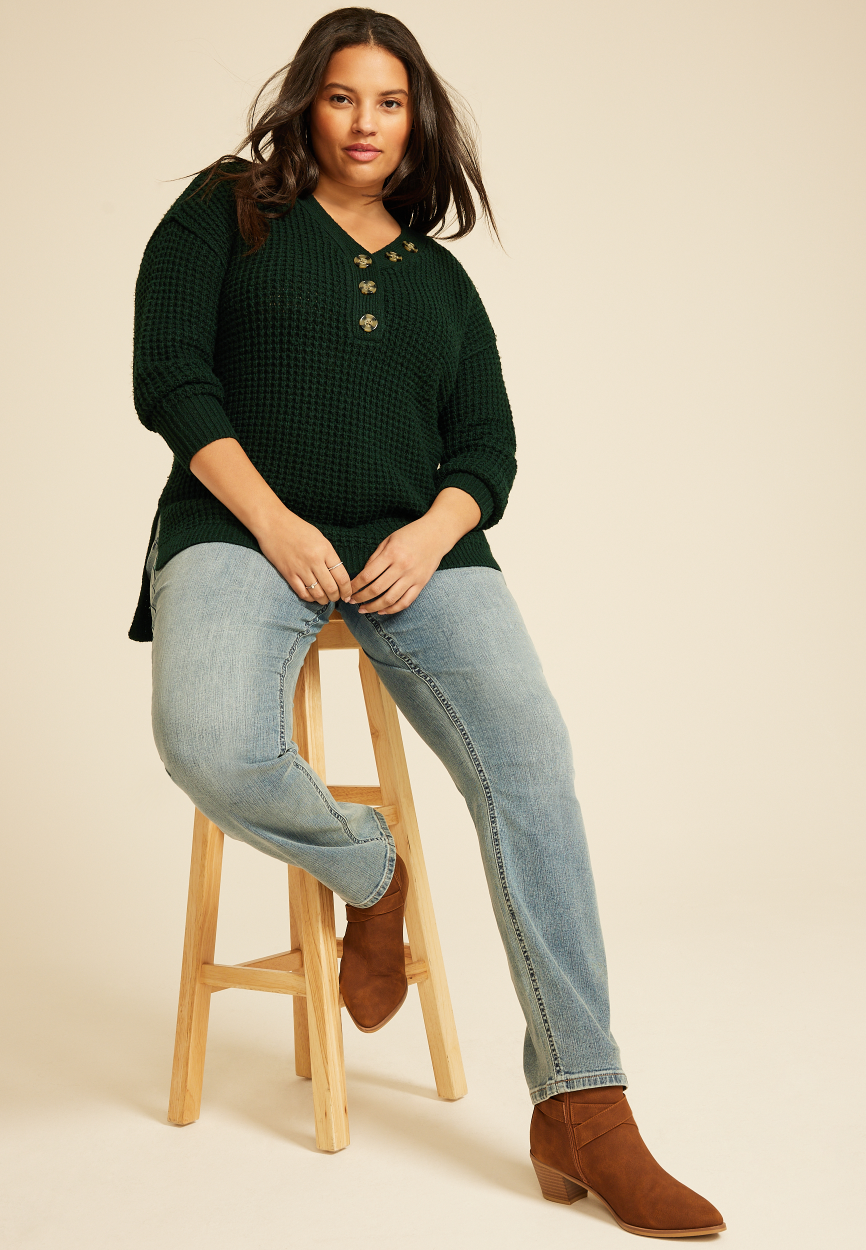 Plus Size Oversized Waffle Henley Sweater, C1037, large