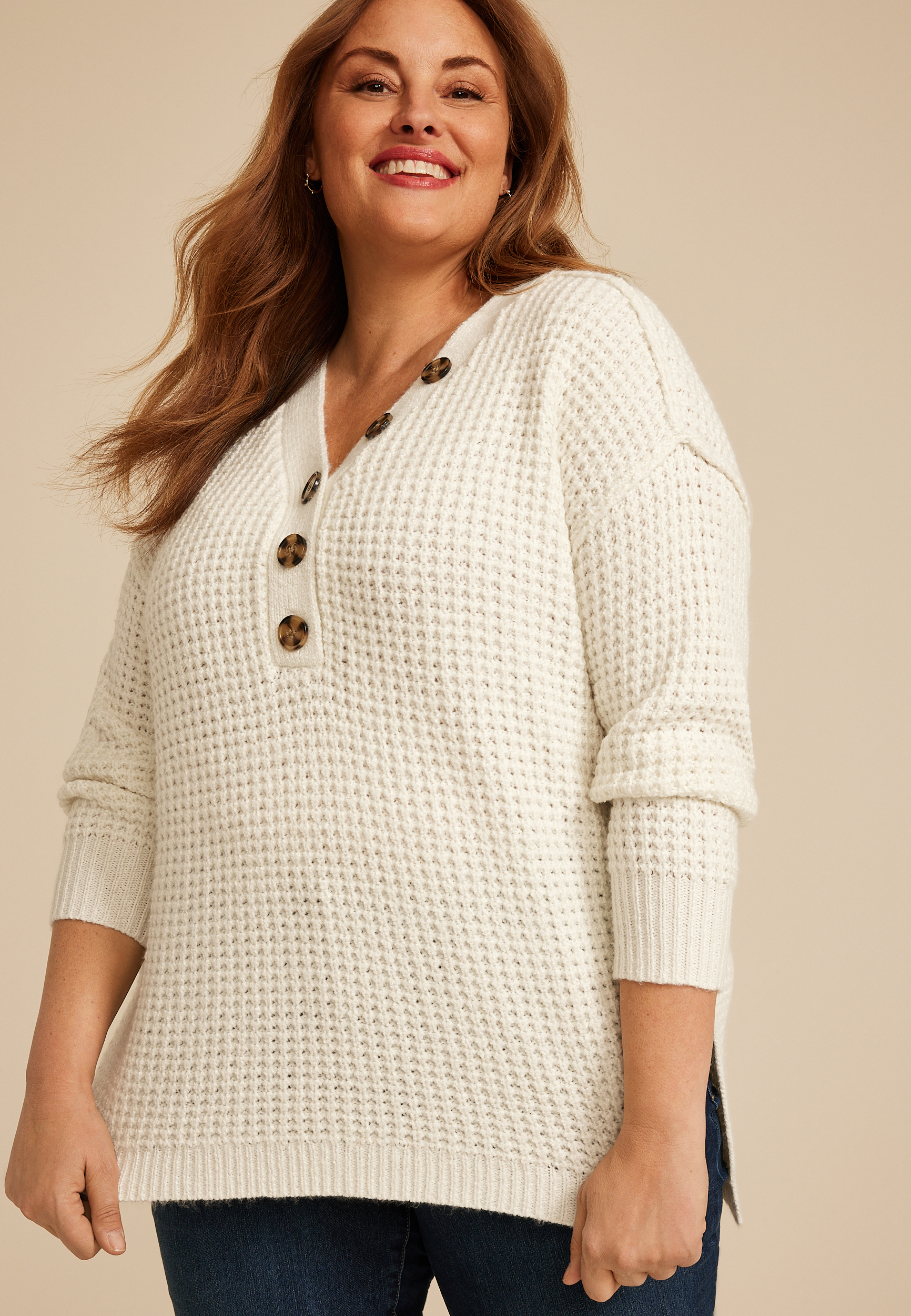 Plus Size Oversized Waffle Henley Sweater