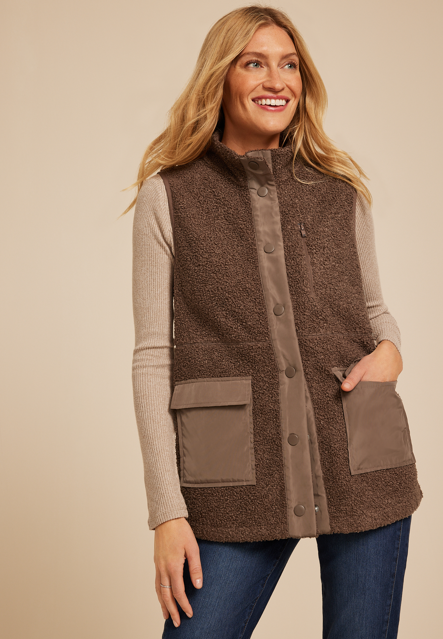 Sherpa Snap Button Vest, , large