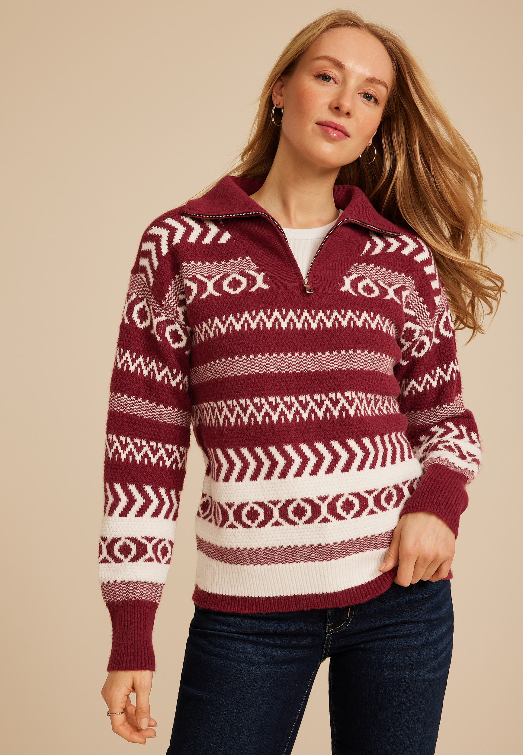 Geometric Nordic Quarter Zip Sweater 