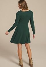 Ribbed V Neck Snap Cuff Skater Dress, C1037, small