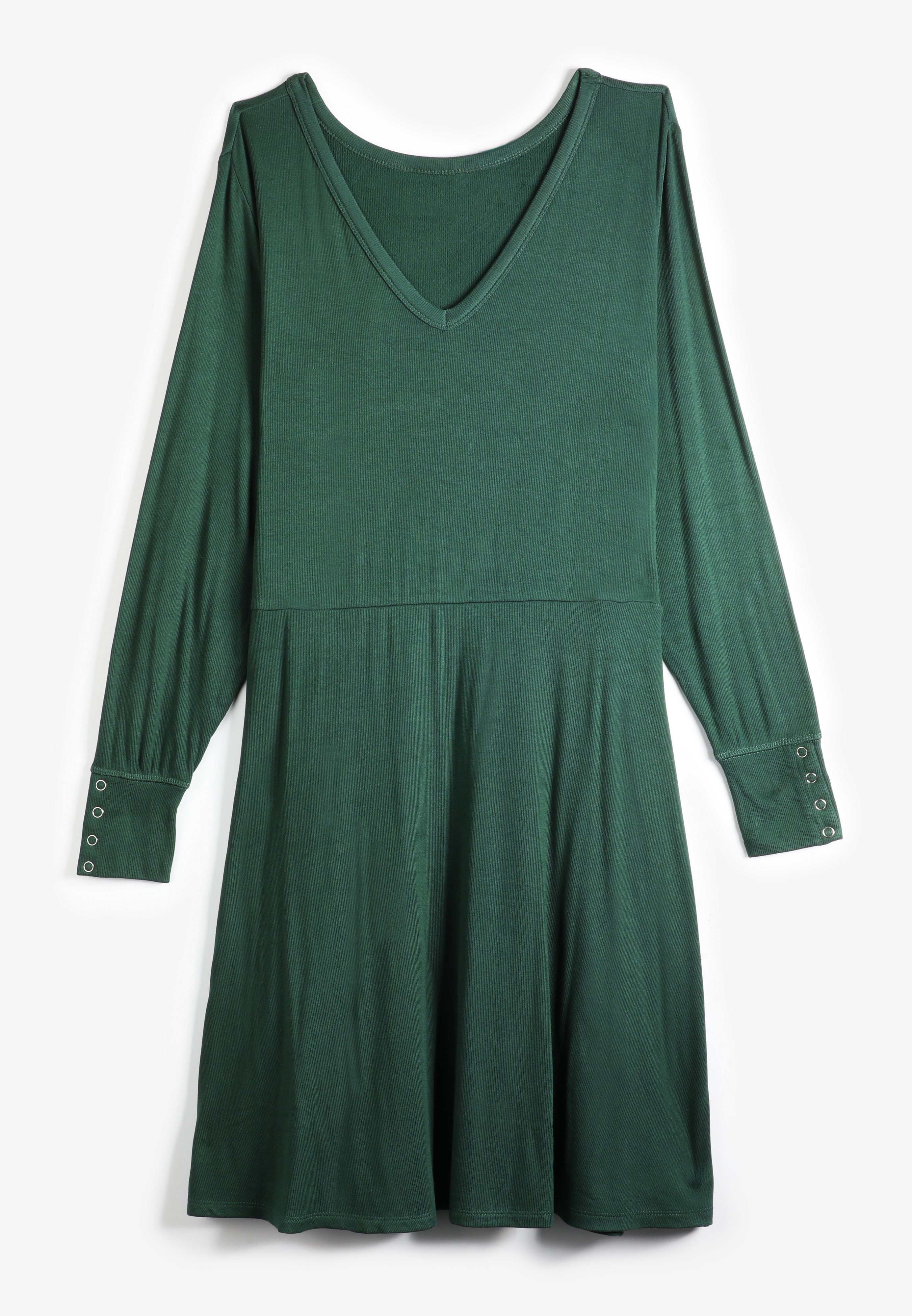 Plus Size Ribbed V Neck Snap Cuff Skater Dress