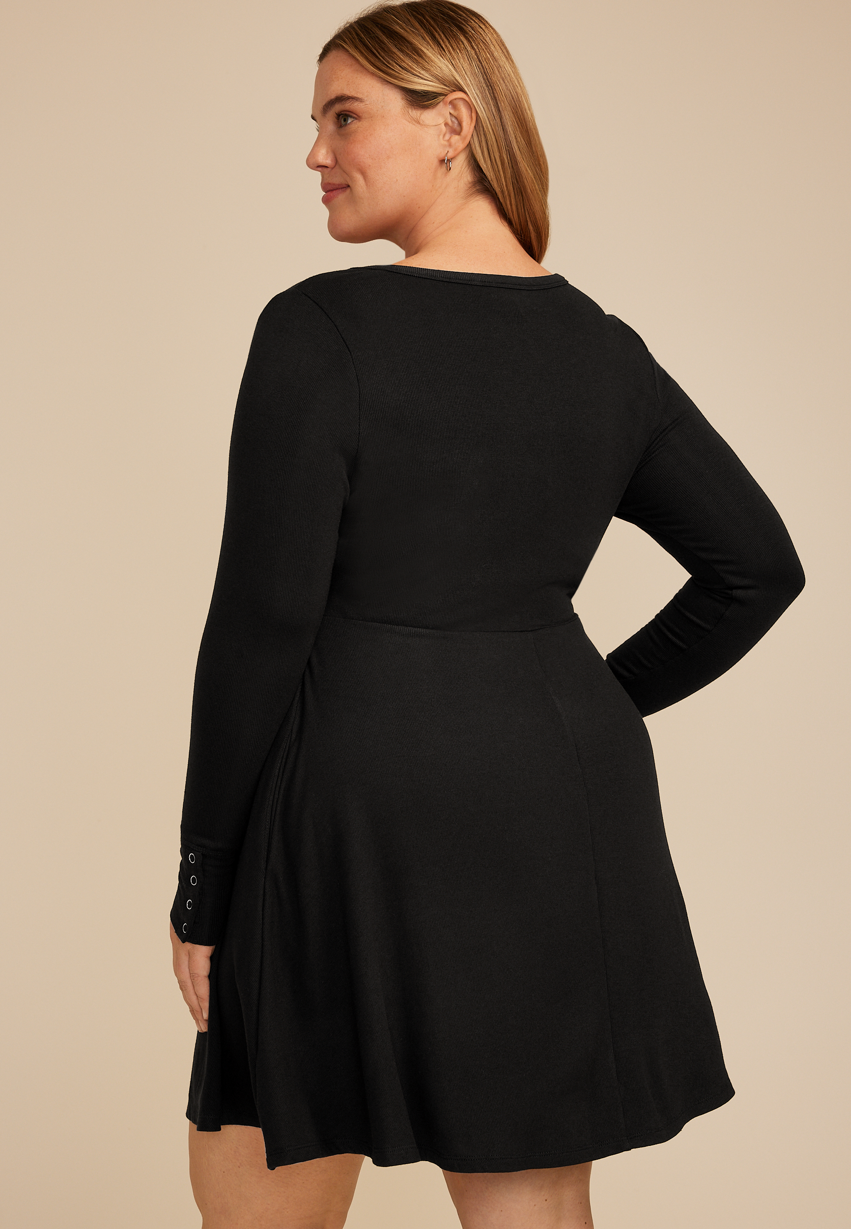 Plus Size Ribbed V Neck Snap Cuff Skater Dress, C106, large