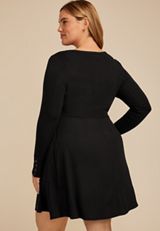 Plus Size Ribbed V Neck Snap Cuff Skater Dress, C106, small