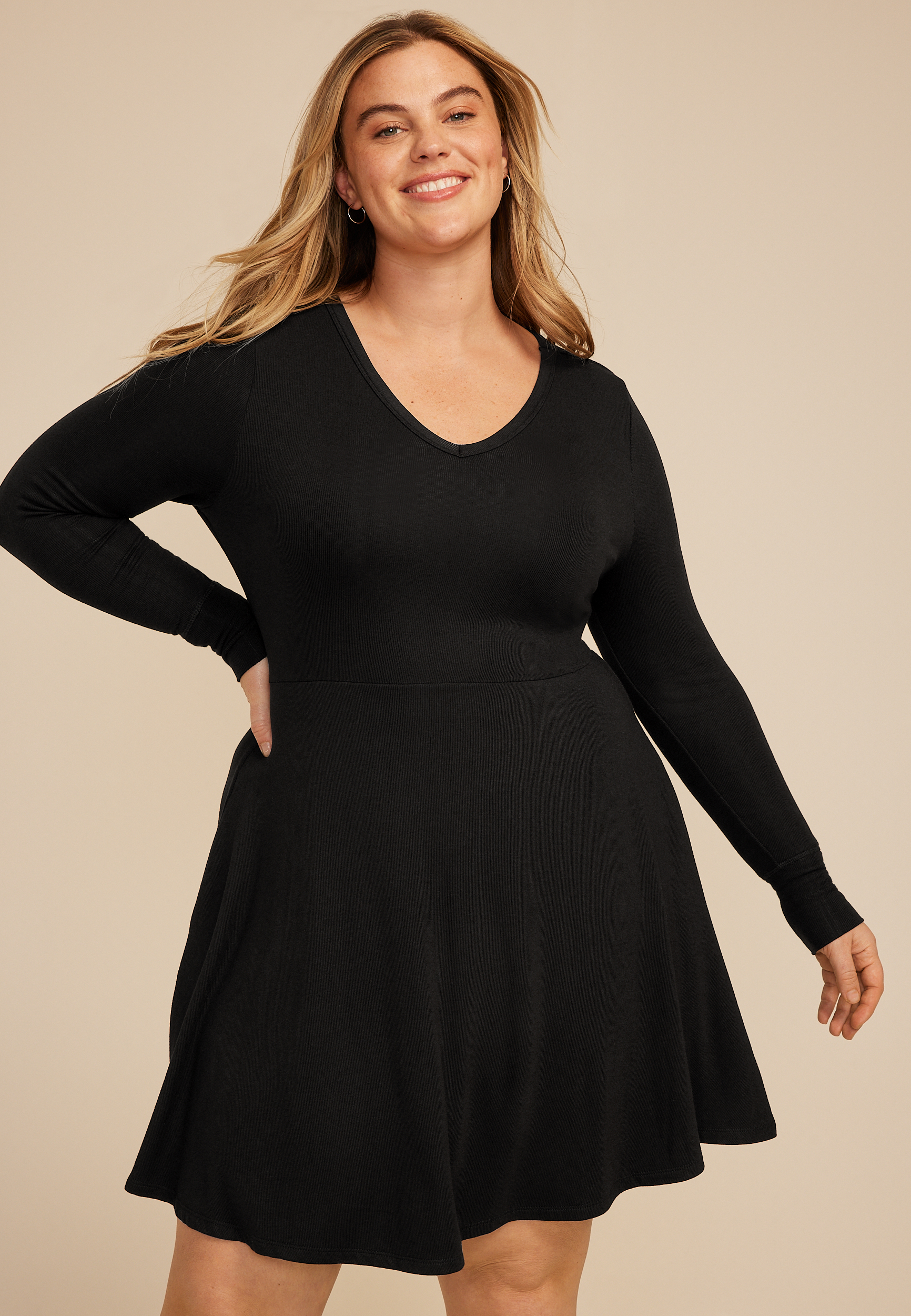 Plus Size Ribbed V Neck Snap Cuff Skater Dress, C106, large