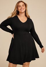 Plus Size Ribbed V Neck Snap Cuff Skater Dress, C106, small