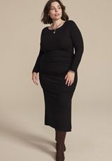 Plus Size Ruched Long Sleeve Midi Dress, C106, small