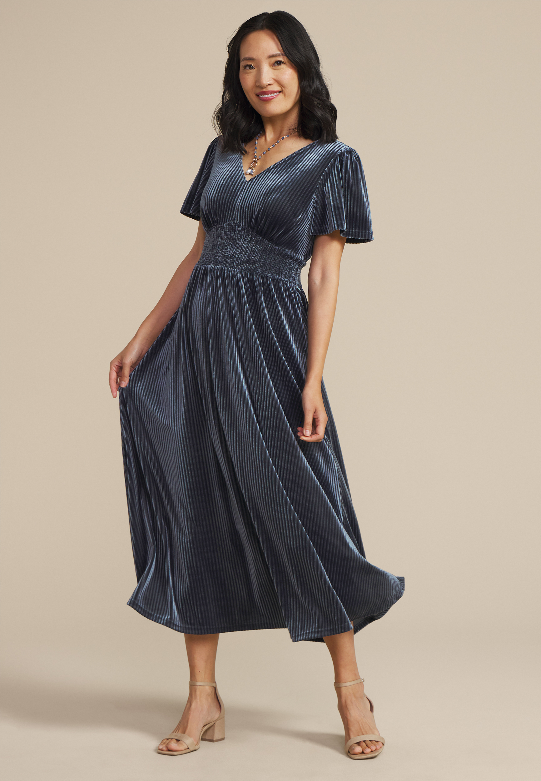 Blue Ribbed Velvet Smocked Midi Dress