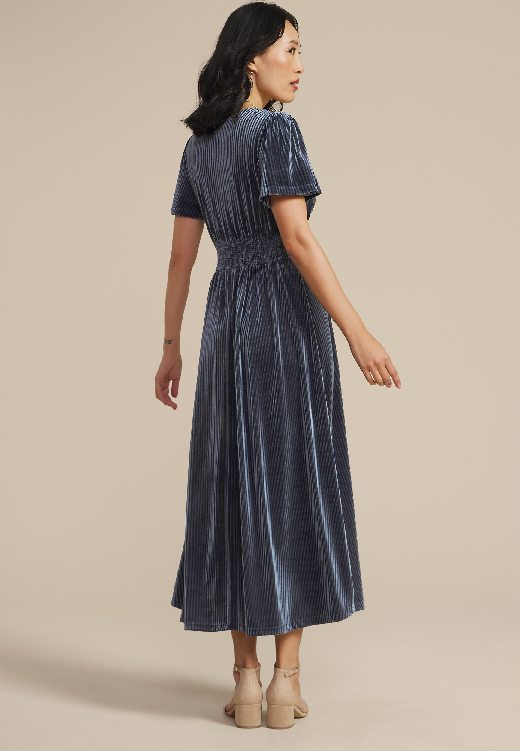 Blue Ribbed Velvet Smocked Midi Dress