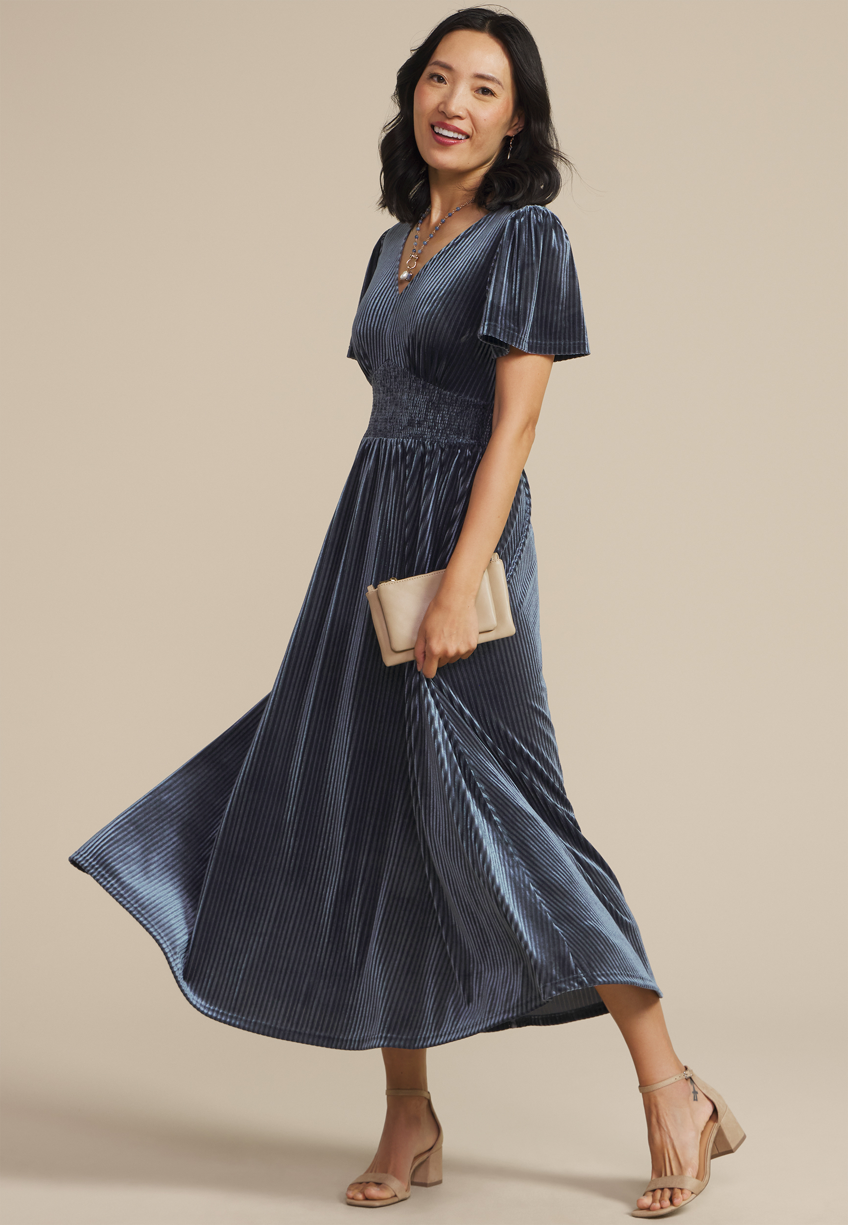 Blue Ribbed Velvet Smocked Midi Dress