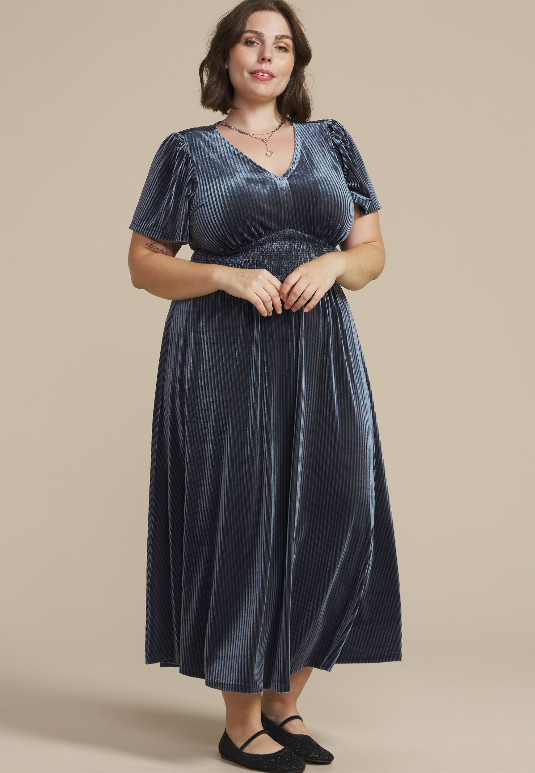 Plus Size Blue Ribbed Velvet Smocked Midi Dress