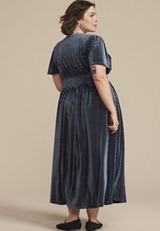 Plus Size Blue Ribbed Velvet Smocked Midi Dress, C4861, small