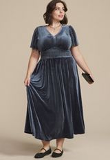 Plus Size Blue Ribbed Velvet Smocked Midi Dress, C4861, small