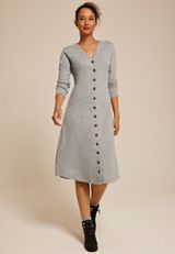 Ribbed Knit Button Front Midi Dress, MEDIUM HEATHER GRAY, small