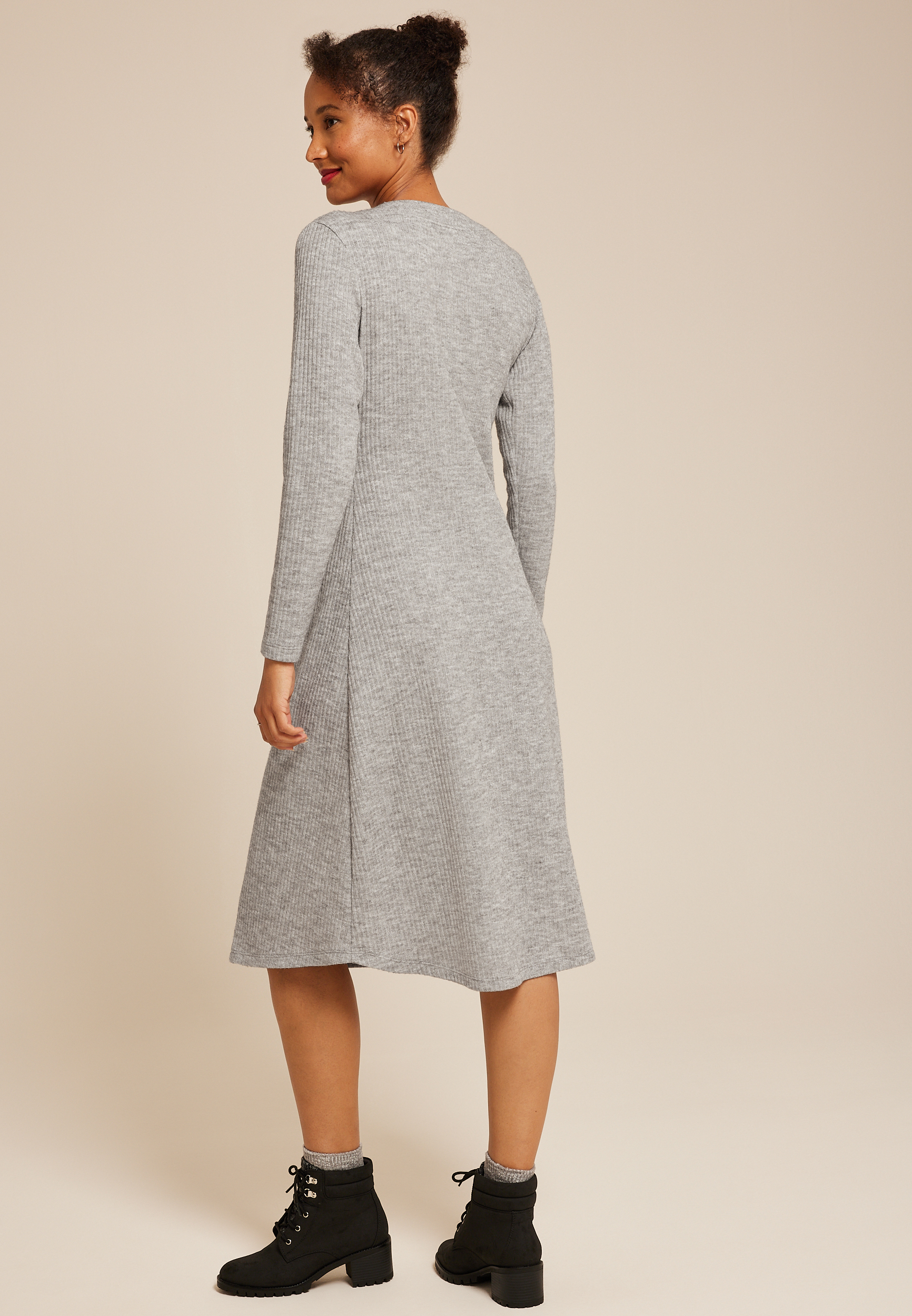 Ribbed Knit Button Front Midi Dress, MEDIUM HEATHER GRAY, large