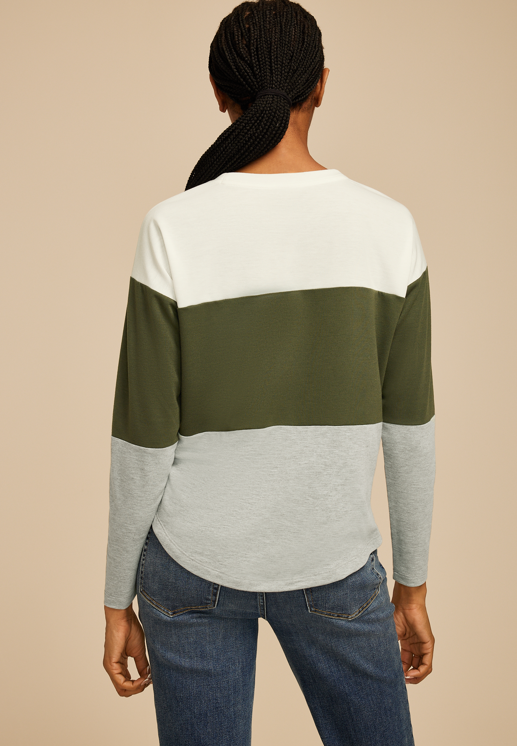24/7 Clara Colorblock Long Sleeve Tee, OLIVE COMBO, large